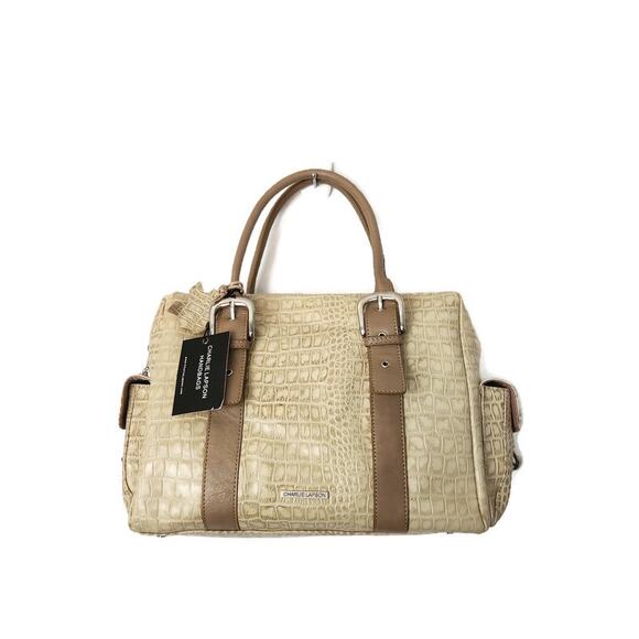Charlie Lapson Women's Beige Croc Embossed Leather Satchel Handbag - Picture 1 of 12